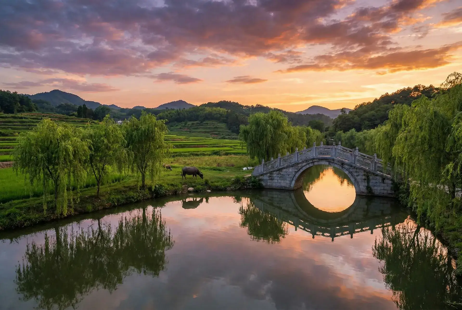 夕阳下的石拱桥与垂柳，水牛在河边吃草 - 优质roub攻略系统的小说全文阅读 乡村美景